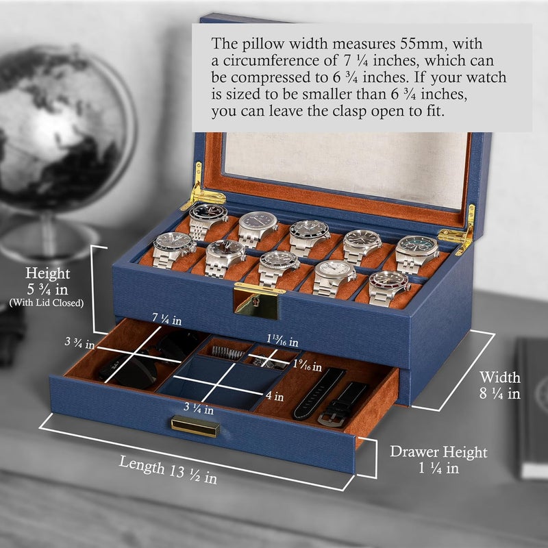 ROTHWELL 10-Slot Watch Box in Leather with Valet Drawer, Luxury Watch Case Display Organizer with Ultra Soft Microsuede Liner, Jewelry and Sunglass Holder With Large Glass top (Blue/Tan) - Image 2